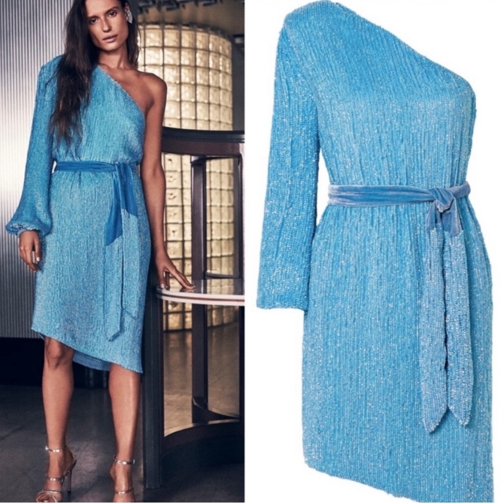 Retrofete Shy Blue One Shoulder Sequin Midi Dress